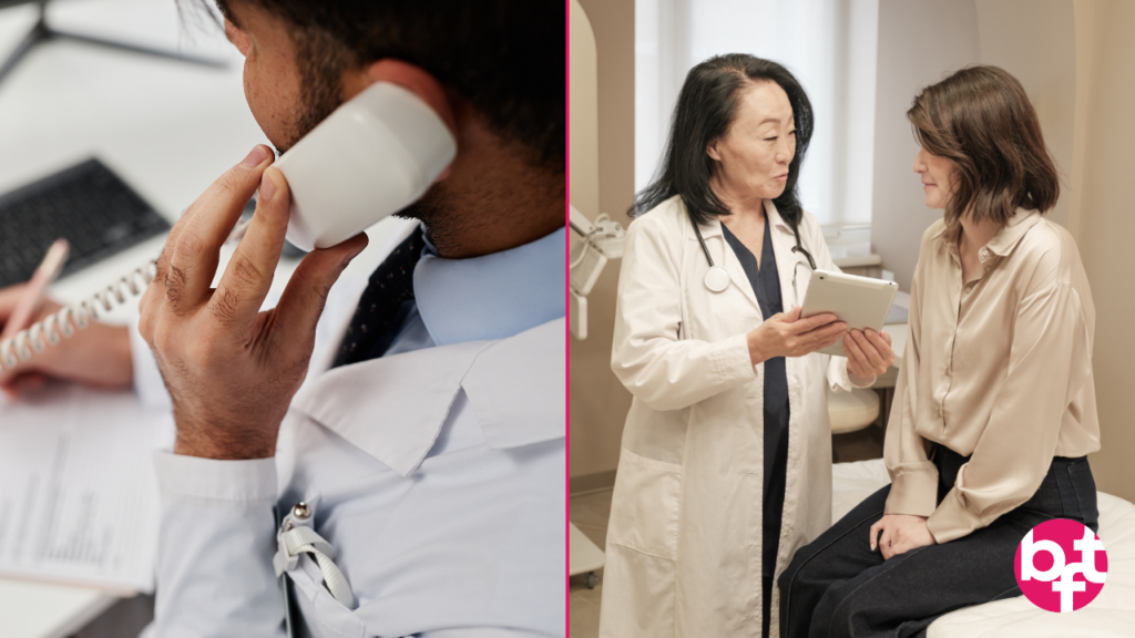 How to stop focusing on admin tasks. Someone on a phone doing admin, versus a nurse tending to her patient