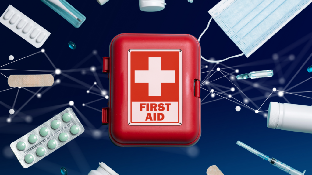 How to keep data connected - connection network with first aid bag, medinies and mask overlaying